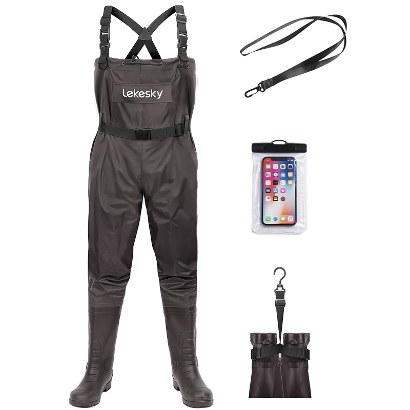 Lekesky Fly Fishing Chest Waders with Boots – 2-Ply Nylon/PVC, US 5–14, Brown + M10 Variation