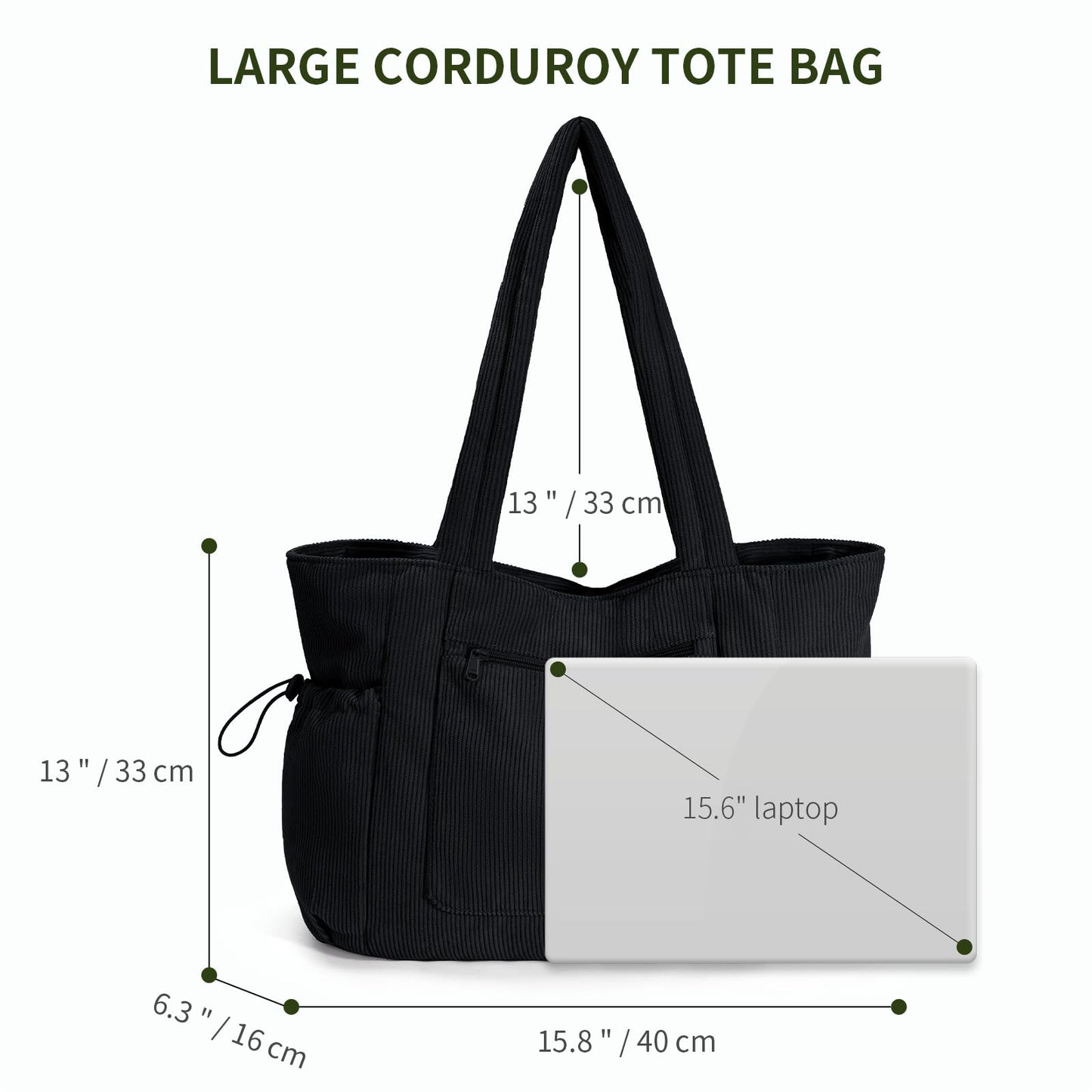 ECOHUB Oversize Work Tote Bag for Women with 40oz Cup Holder Corduroy Laptop Tote Teacher Nurse Bag for Office College Travel Black