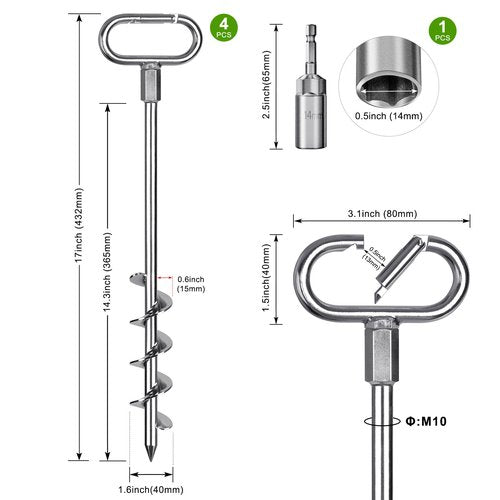 SELEWARE 17" Ground Anchors Screw in, 4 Pack Swing Set Anchor Kit, High Wind Trampoline Stakes, Heavy Duty Spiral Earth Anchor for Camping Tent, Sheds, Carports, Mobile Home, Tree & Securing Animals