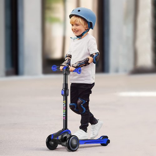 TONBUX Kids Scooter for Age 3-12, Toddler Scooters with 4 Adjustable Heights, Light Up 3-Wheels Scooters, Shock Absorption Design, Lean to Steer, Balance Training Scooter for Kids - Blue