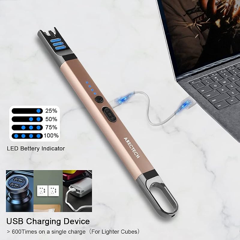 ARECTECH Gold Electric Candle Lighter, USB Rechargeable Long Neck Lighter for Candle, BBQ, Camping