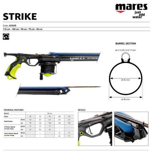 Mares Strike Speargun for Spearfishing | 28mm Barrel, Stainless Steel Release, 6.5mm Shaft, Ergonomic Handle & Horizontal Reel | Optimized for Oversized Bands & Accurate Shots, 90 cm