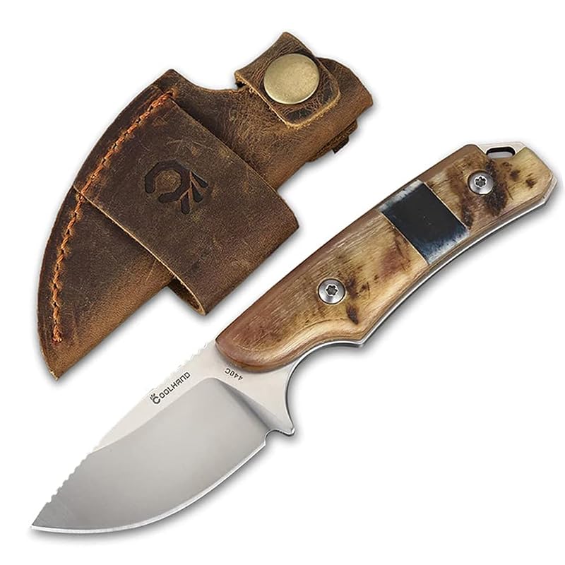 Fixed Blade Knife 5.98" with Ram Horn Handle & Leather Sheath - 440C Steel