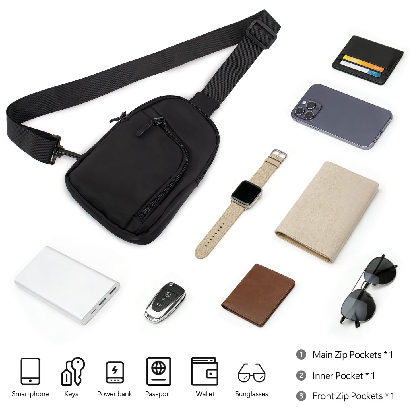 Peicees Small Crossbody Bag, Travel Sling Bag Waterproof Chest Phone Purse For Women Men Lightweight Fanny Pack Mini (Black)