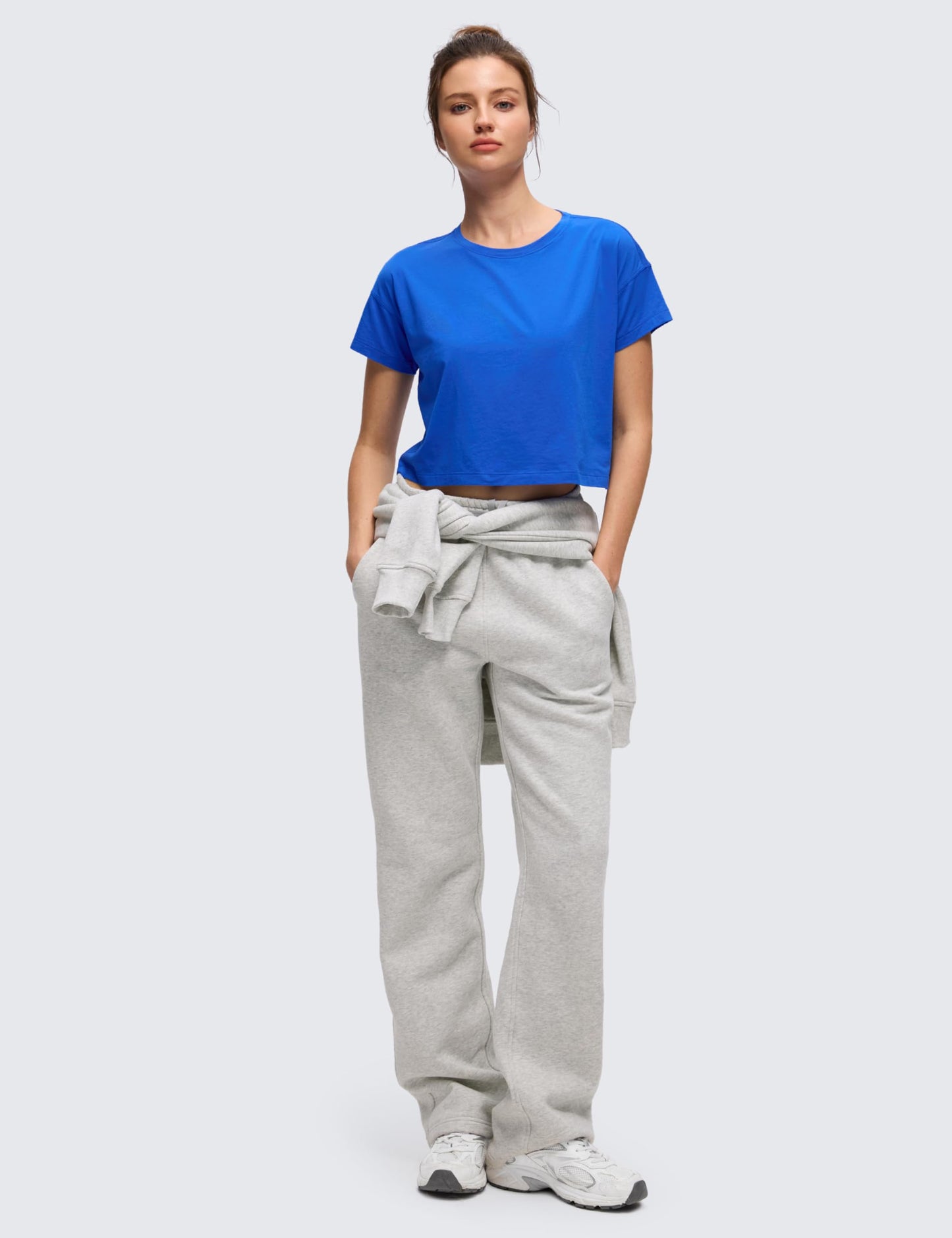 CRZ YOGA Women's Pima Cotton Workout Short Sleeve Shirts Loose Athletic Crop Tops Gym Casual Cropped T-Shirt Strong Blue Small