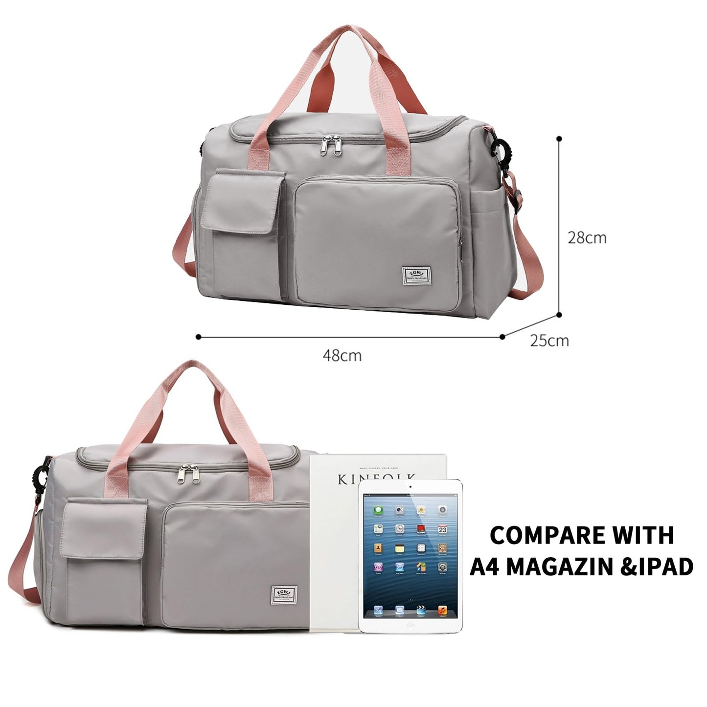 Travel Duffel Tote Bag with Dry Wet Separation Pocket, Weekender Bag for Women and Men，Waterproof Bag with Shoe Compartment Lightweight and Easy Carry on Grey