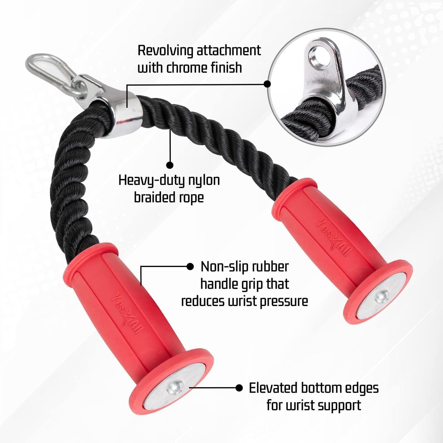 Yes4All Deluxe Tricep Rope Cable Attachment 27 inch, Exercise Machine Attachments Pulley System Gym Pull Down Rope with Carabiner, Red Black - Big handle