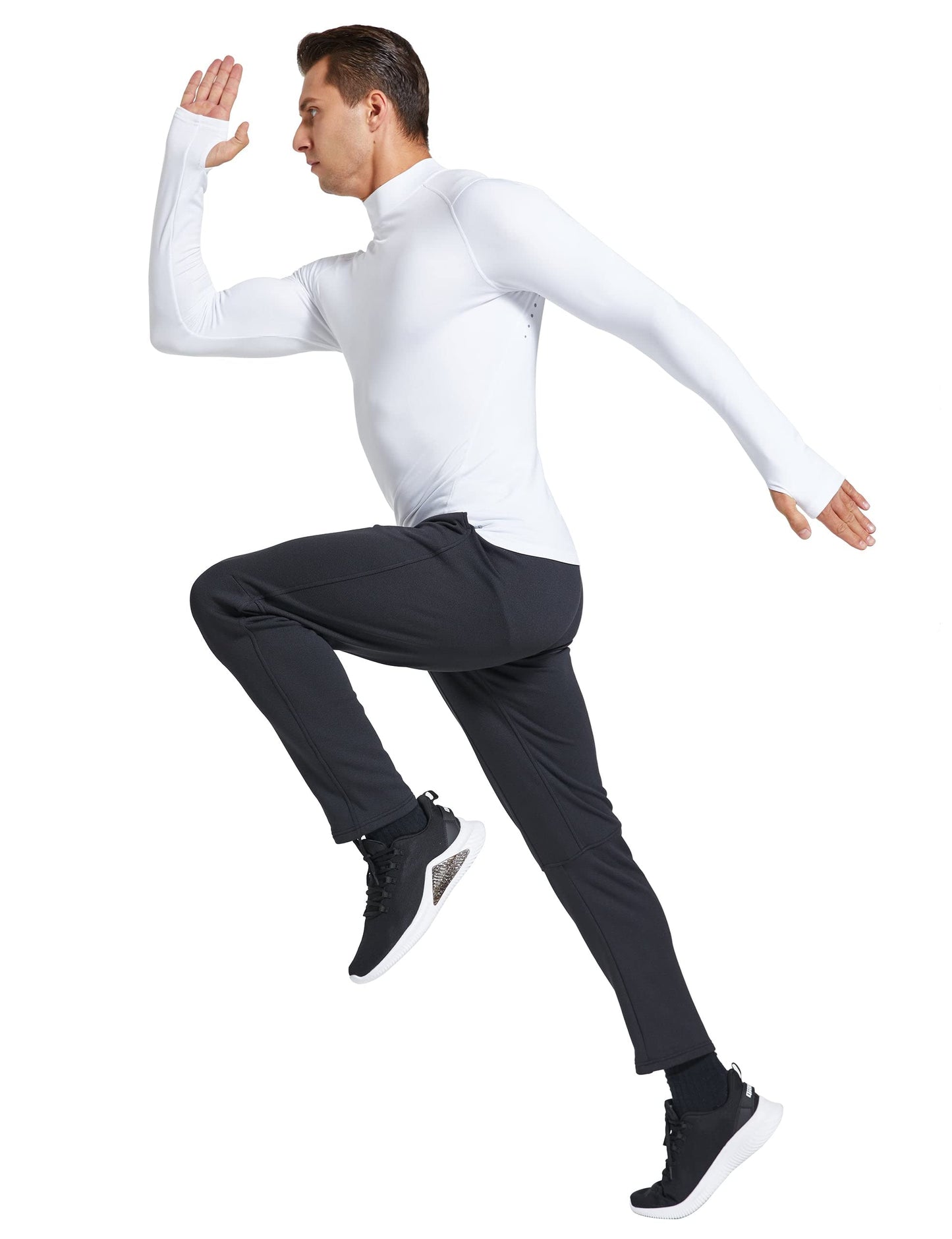 FitsT4 Sports Men's Thermal Shirt Fleece Lined Mock Neck Base Layer Tops Long Sleeve Running Athletic Shirt with Thumbholes White L