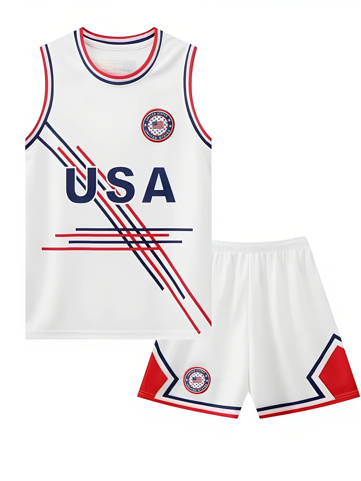 shanovelle USA American Flag Kids Boys Basketball Jersey Tracksuit Sleeveless Tank Top and Mesh Shorts Set (AGE 10-12, White)
