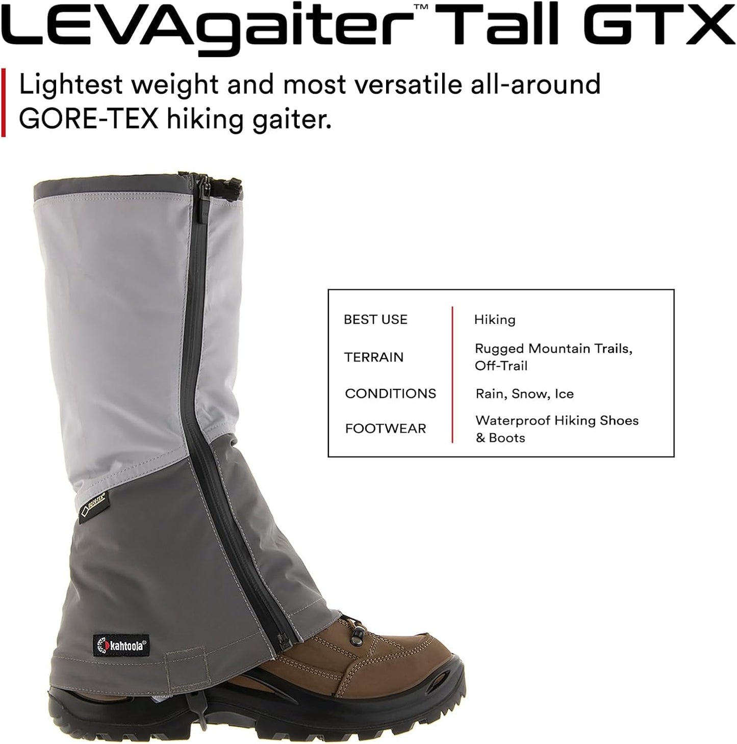 Kahtoola LEVAgaiter Tall GTX Gaiters, Waterproof Gore-TEX Shoe & Boot Protection for Mountaineering, Off-Trail Hiking in Mud, Snow & Ice