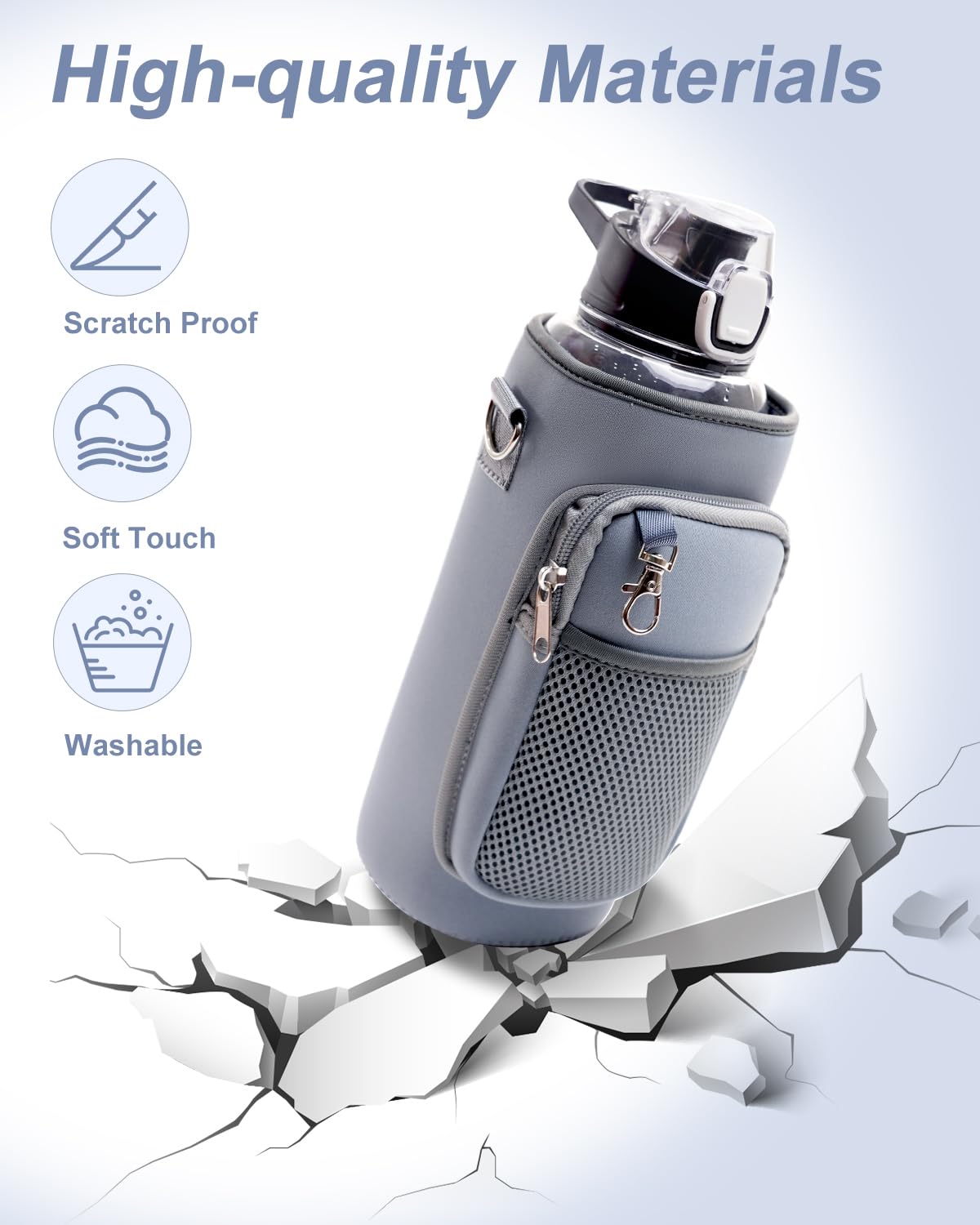 RHDZO Water Bottle Carrier Bag with Strap Insulated Water Bottle Holder with Phone Pocket and Handle 32oz 40oz 50oz Water Bottle Sleeve for Walking Hiking, Blue Gray