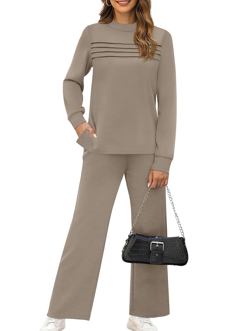 WIHOLL Two-Piece Lounge Set for Women – Long Sleeve Top & Wide Leg Pants, Side Slit, Travel/S Vacation Outfit, Variation: A Coffee+Large