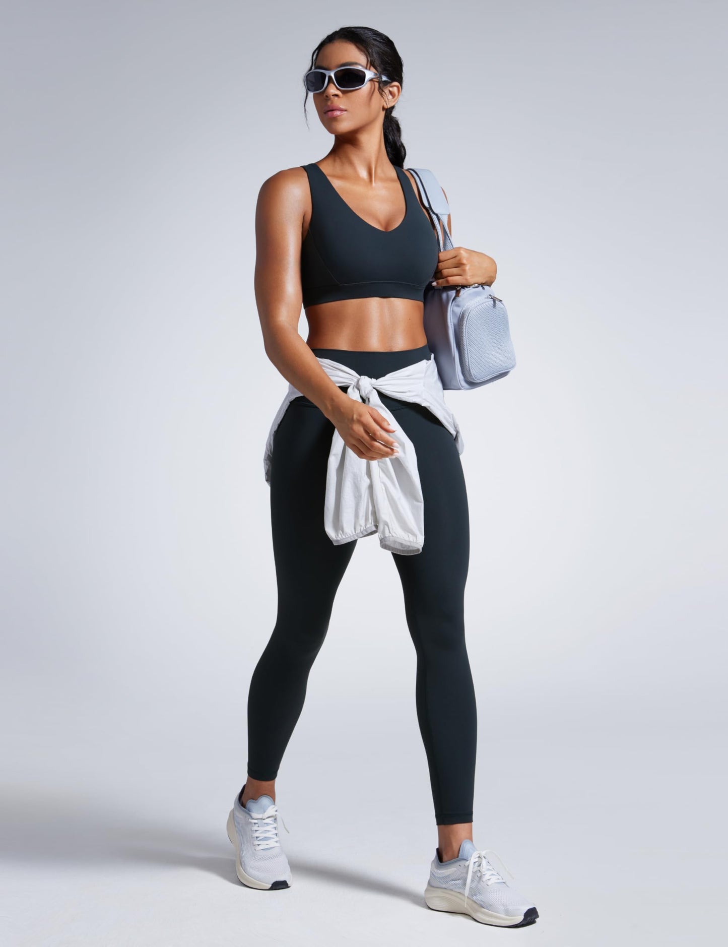 CRZ YOGA Butterbreeze Criss Cross Back Sports Bras for Women - V Neck Adjustable Straps Padded Workout Training Crop Top True Navy Small