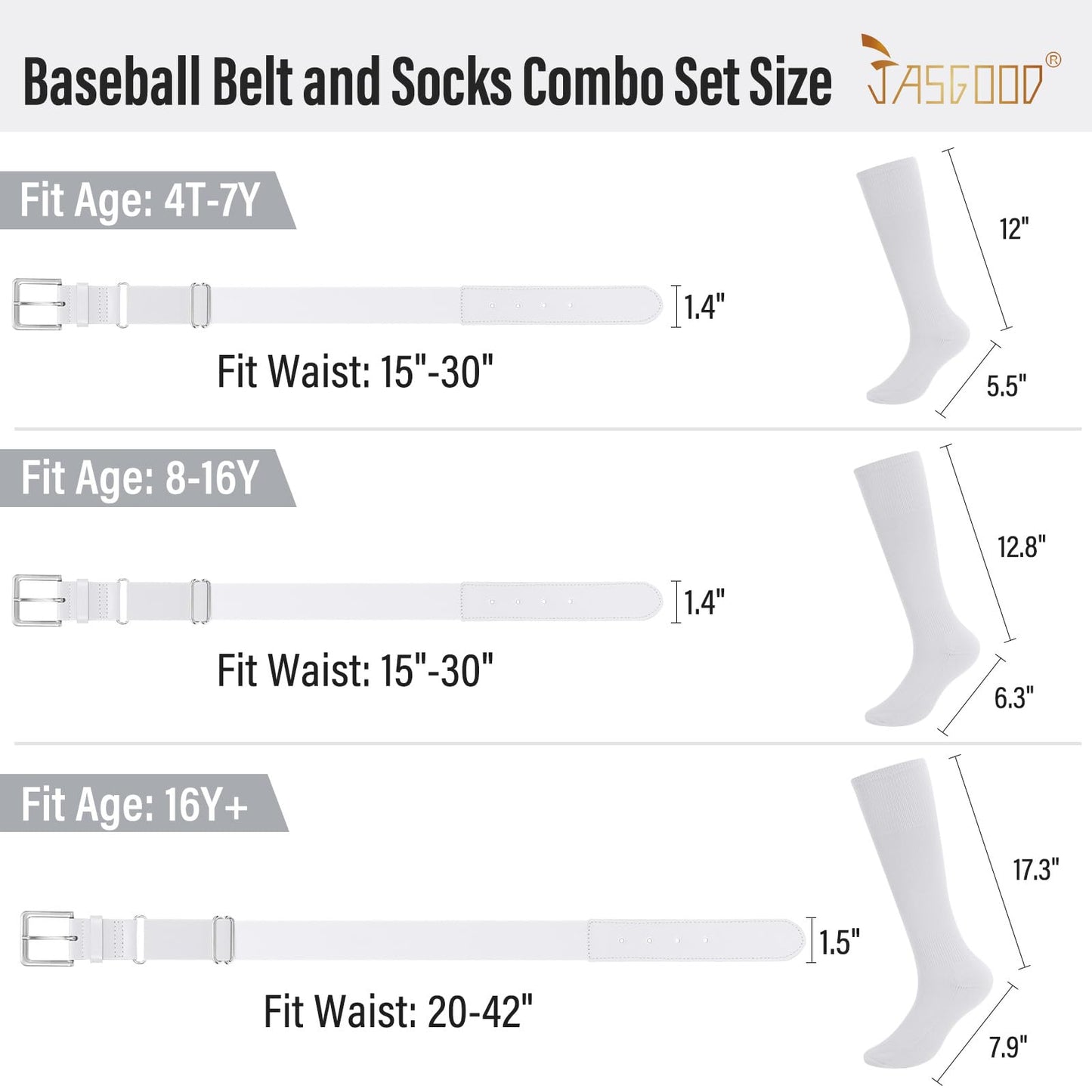 JASGOOD Baseball Socks and Belt for Youth Adult Softball Socks and Belt Combo Elastic Belt for Men, White