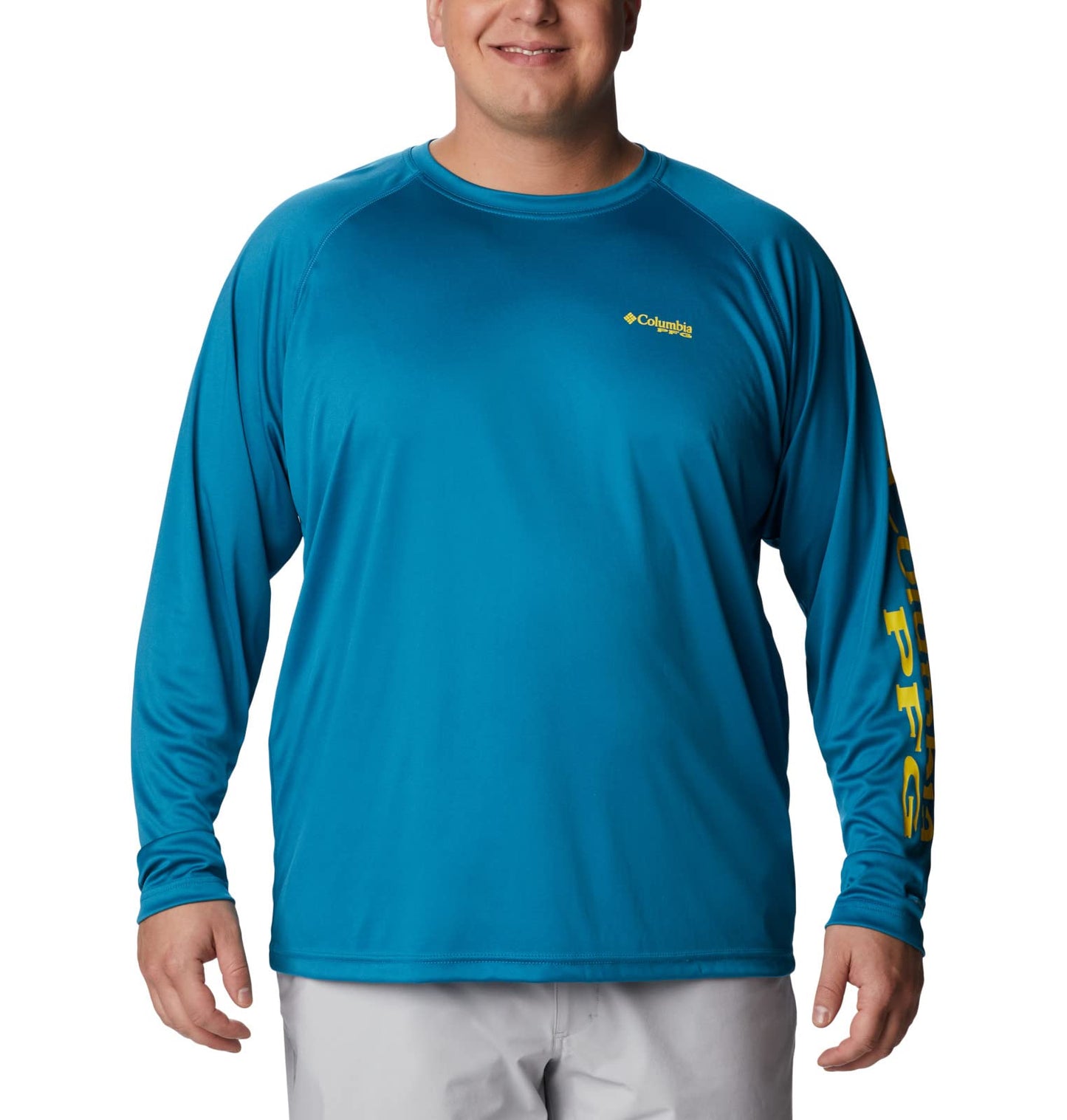 Columbia Men's Terminal Tackle Long Sleeve Shirt, Deep Marine/Laser Lemon Logo, 2X Tall