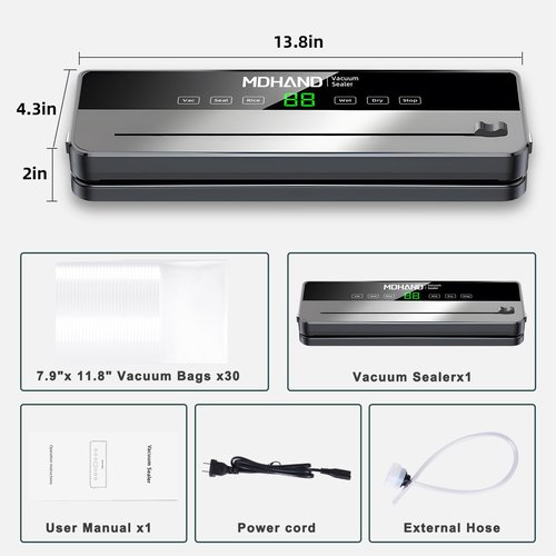 MDHAND Food Saver Vacuum Sealer Machine, 6 IN 1 Vacuum Sealer For Food with 30pcs Bags & Built-in Cutter & Accessory Hose (Grey)