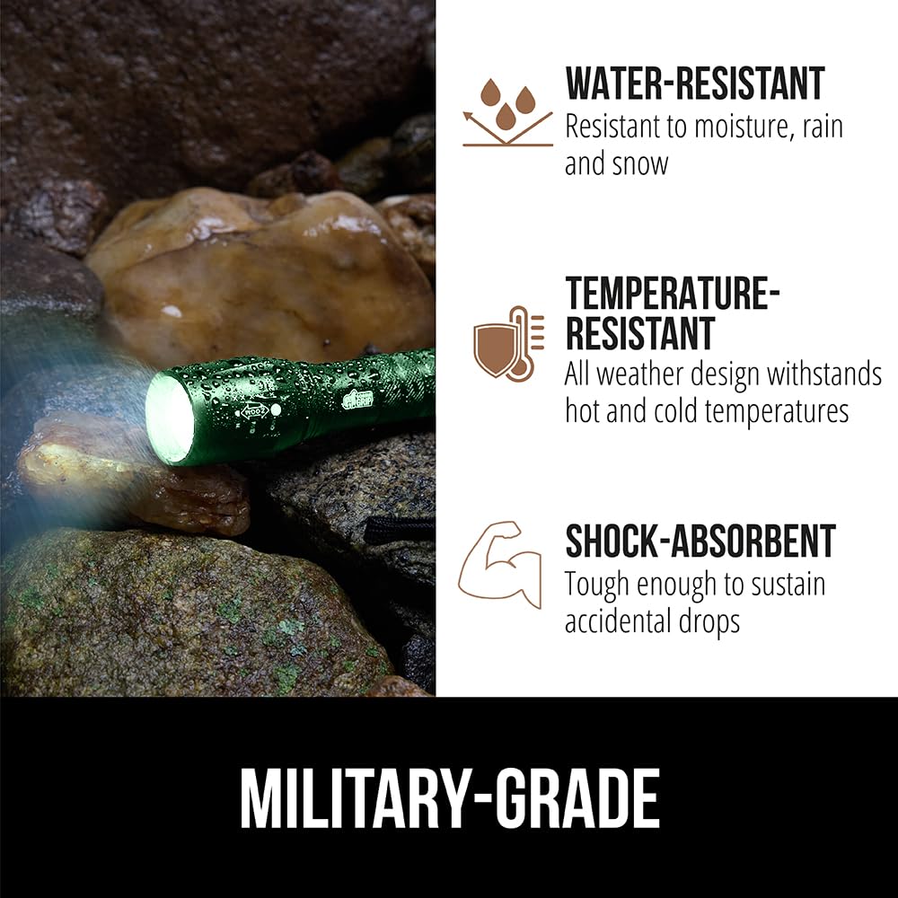GORILLA GRIP Powerful LED Tactical Flashlight, 750 FT High Lumens 5 Adjustable Modes, Water Resistant, Ultra Bright Zoom Flashlights, Small Mini Flash Light, Camping, Night Dog Walking, 2 Pack Green