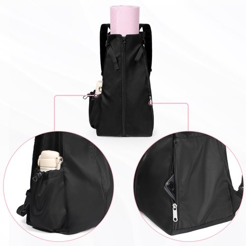WOMACO Yoga Mat Bag, Adjustable Yogamat Blocks Carrier with Backpack Straps and Side Pockets, Top-Opening Yoga Backpack for Yoga Accessories (Black)