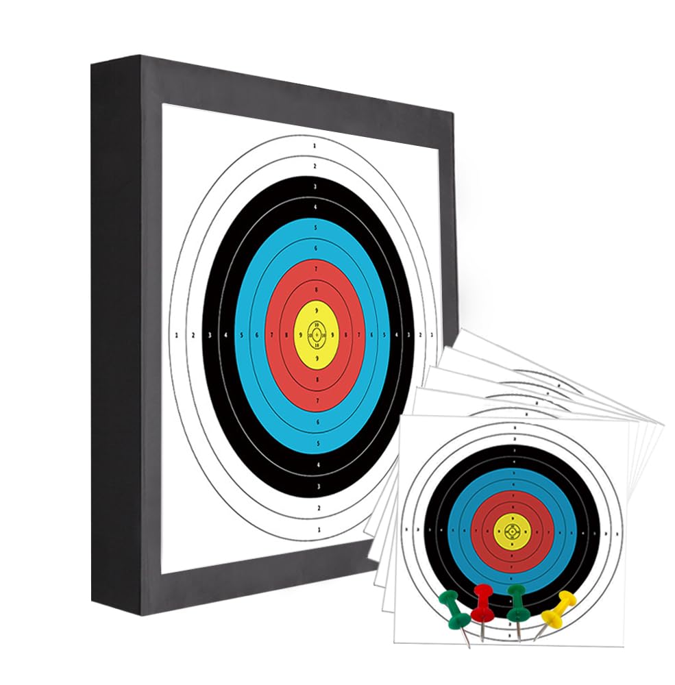 - QI HUO JU - Archery Target EVA Foam Targets for Youth Beginner Backyard Shooting Targeting, 20'' Durable Bow and Arrow Practice Target Block with 5 Target Paper, 4 Pins (EVA Target)