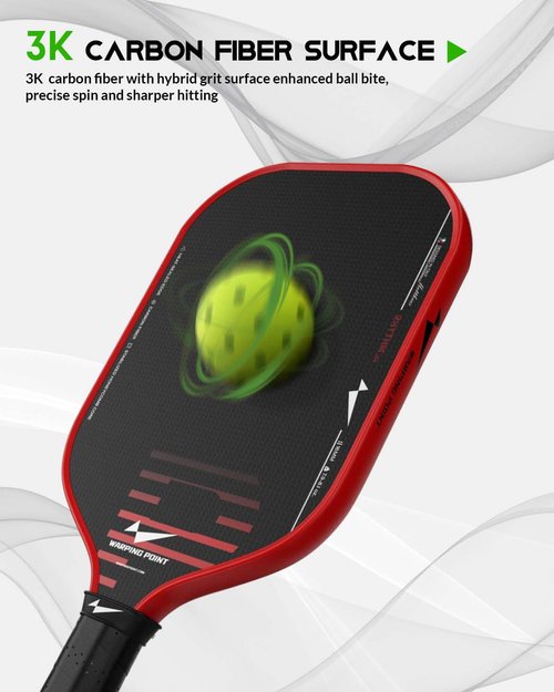 Warping Point Rhythm Carbon Fiber Pickleball Paddle, 16mm Core with 10mm Cell Size for Extra Rebounce, Elongated Structure for Two-Handed Shots, Durable Friction Surface Enhances Spin & Power, Red