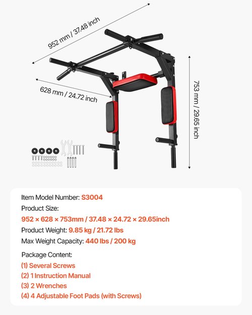 VEVOR Multifunctional Pull Up Bar, Wall Mounted Chin Up Bar Dip Station for Home Gym, Heavy Duty Steel Upper Body Workout Pull Ups, Power Tower Set Training Equipment Fitness, 440 lbs Weight Capacity