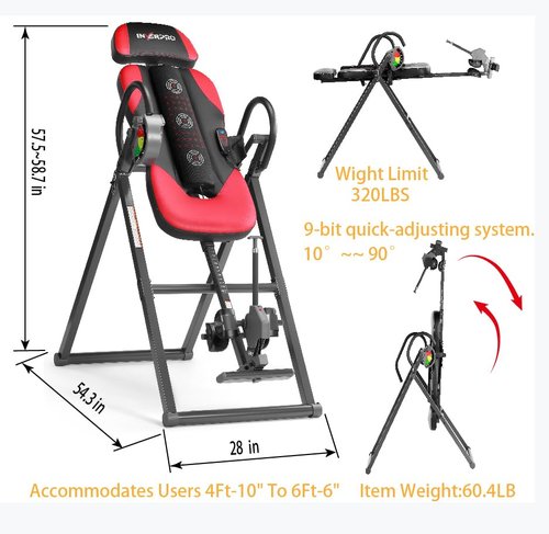 INVERPRO Model AR Advanced Heat and Massage Heavy Duty Deluxe Inversion Table,320 lb Capacity,Black/Red
