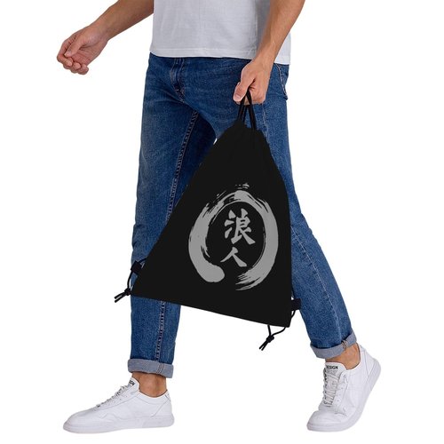 SQMGEHVNY Japanese Kanji Character Ronin Drawstring Bags, Lightweight Gym Sack with Adjustable Cord, Water-Resistant Sports Backpack for Men Women, Travel, Yoga, College (Black)