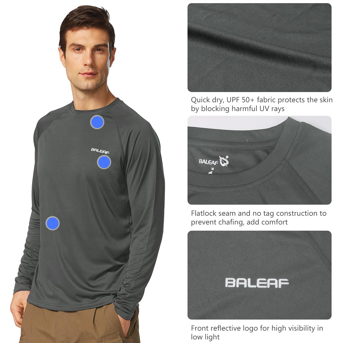 baleaf Mens UPF 50+ Sun Protection Shirts Long Sleeve Rash Guard, Quick Dry 4-Way Stretch for Fishing Swimming Surfing 01-Deep Gray L
