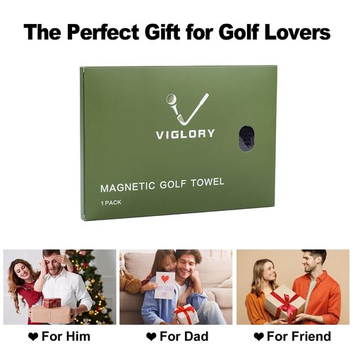 VIGLORY Magnetic Golf Towel - Exclusive Cleaning Pocket–18"x18"–Strong Magnet for Golf Cart or Clubs, Spot-Clean Design, Ultra Absorbent Waffle Microfiber–Golf Accessories & Gift for Men(Black)