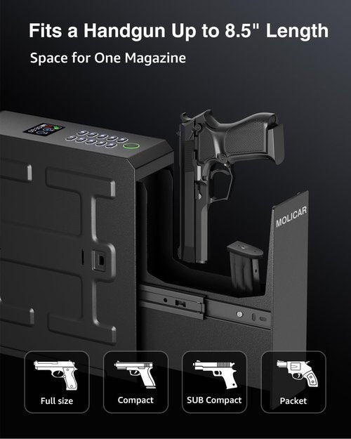 MOLICAR Biometric Slider Pistol Safe with LCD of Temp Humidity Battery, Mounted Single Bedside Gun Safe with 3 Ways Quick Access Handgun Case for Nightstand, Bed, Desk, Wall, Dresser