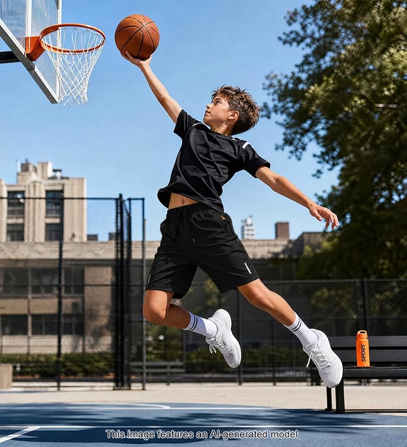 Quick-Dry Athletic Boys Shorts with Zipper Pockets - 13-14 Years (Dark Grey/Black/Navy)