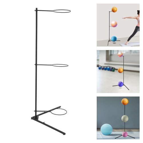 Seoqudcty 3-Ball Exercise Ball Rack,Exercise Ball Holder Vertical Storage,Stability Ball Stand with Non-Slip Feet,Black Iron Design for Yoga,Gym,and Home Use - Freestanding and Space-Saving
