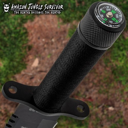 Black Jungle Hunter® Survival Knife | 8 1/2" Stainless Steel Blade | Sawback Edge | Cord-Wrapped Handle With Survial Kit | Built-In Compass | Includes Leather Sheath