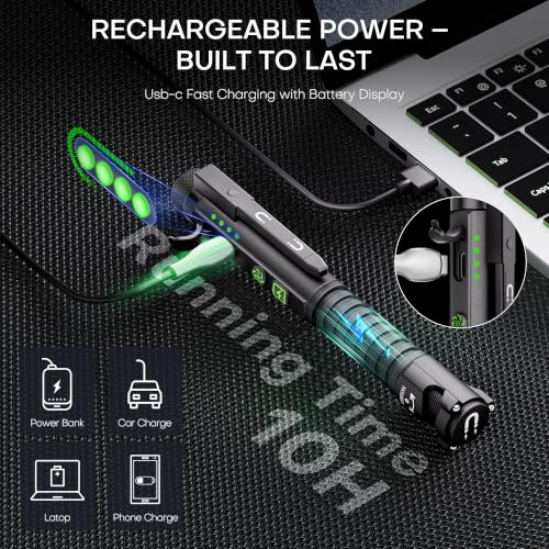 Rechargeable LED Flashlight 800 Lumen with Magnetic Clip & Base - Black, Large