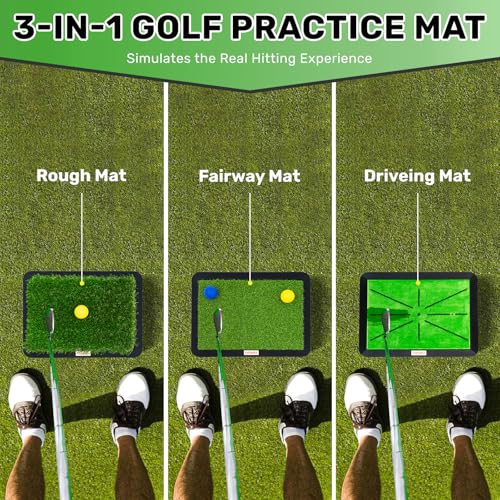 Golf Hitting Mat Set with Swing Feedback and No-Slip Rubber Base - 3 Interchangeable Practice Mats
