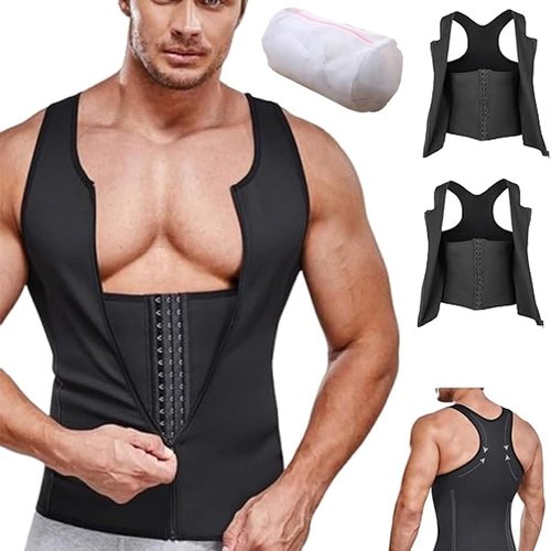 krautain Men's Zipper Waist Trainer Trimmer Vest Sweat Compression Tank Top Mesh Breathable Shaping Shapewear Belly Fat Girdle(2PCS,XL)