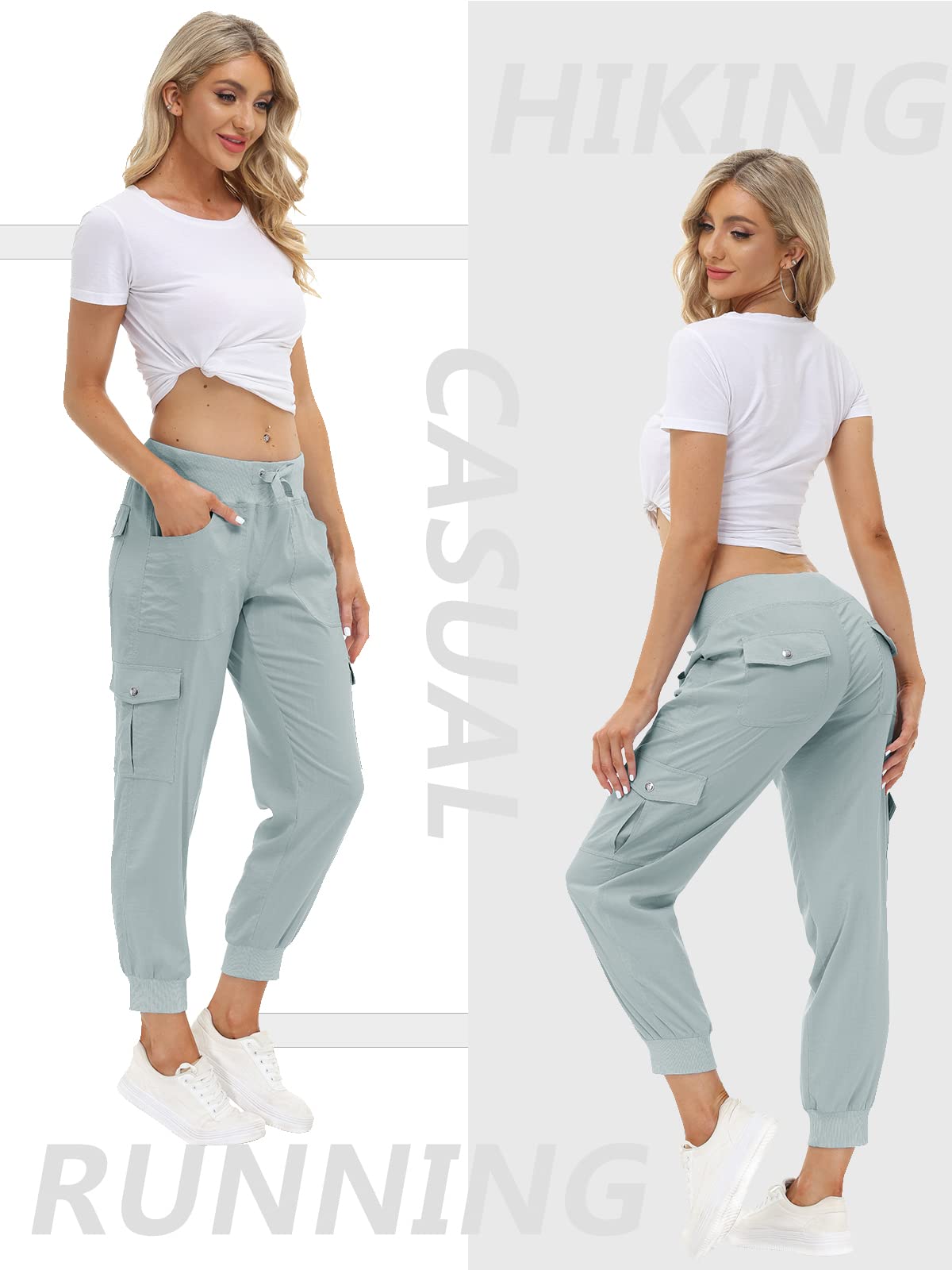 MoFiz Women Cargo Pants with Pockets Lightweight Outdoor Summer Travel Casual Hiking Pants Running Joggers Sweatpants Elastic Waist Light Grey 3XL