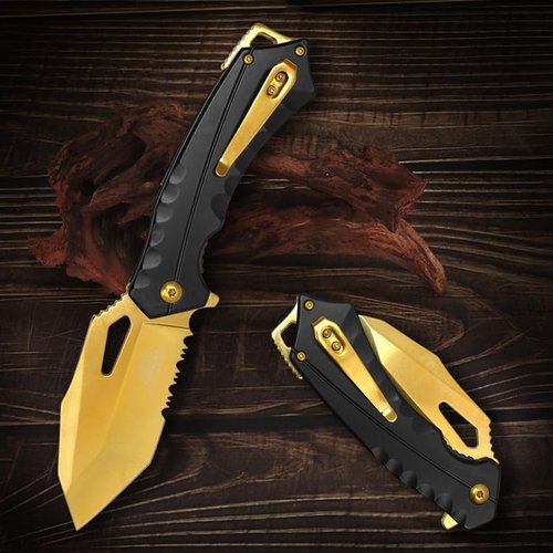EDC Tactical Outdoor Knife - 4.5" Closed Assisted Open Pocket Folding Knife with Stainless Steel Handle - Made of 440 Stainless Steel, GOLD (PWT394BK)