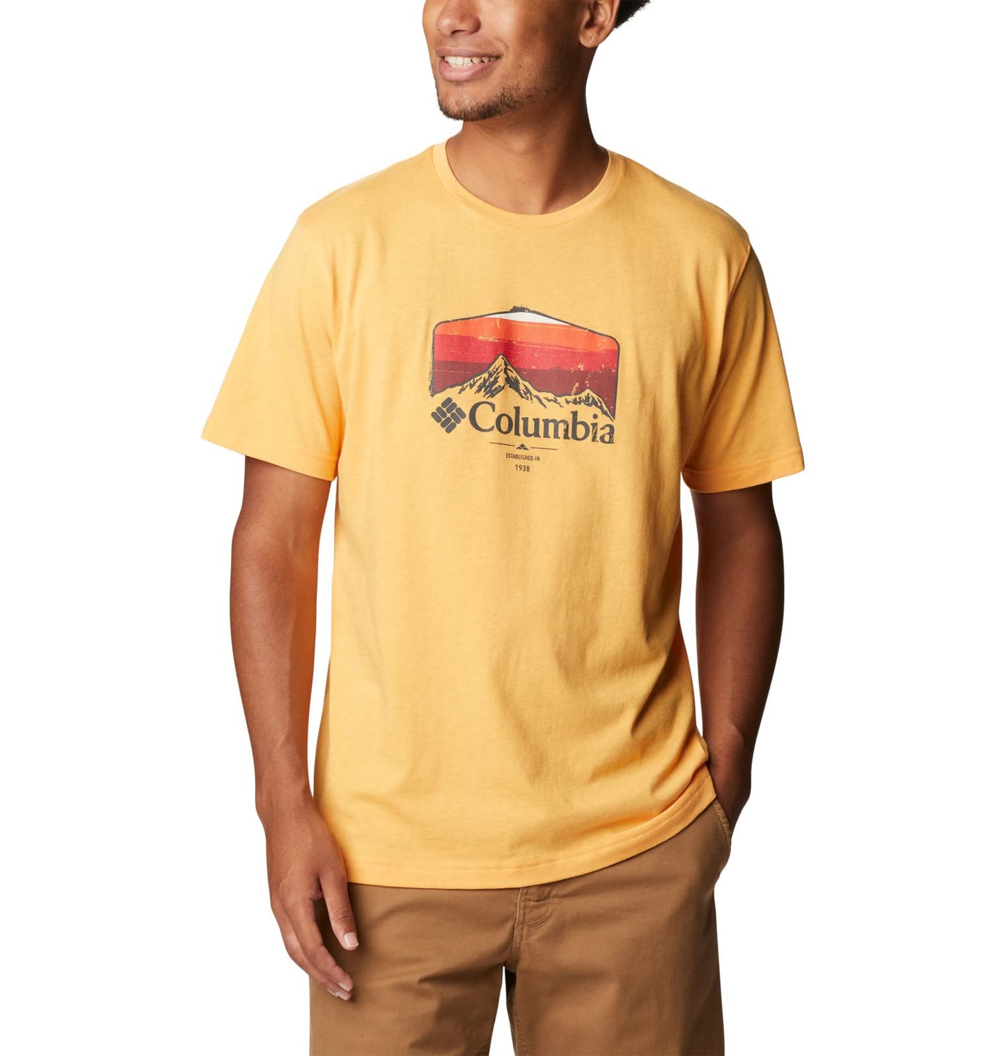 Columbia Men's Thistletown Hills Graphic Short Sleeve, Mango Heather/Hikers Graphic, 3X Big