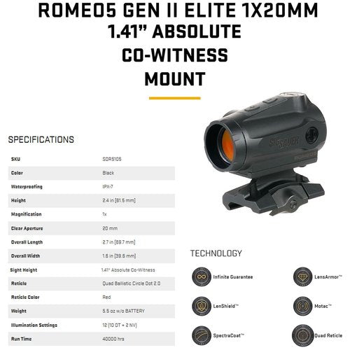 SIG SAUER ROMEO5 GEN II Elite 1x20mm Red Dot Sight with Quad Ballistic Circle Dot Reticle | MOTAC, IPX-7 Waterproof, Multi-Coated Lens, 12 Illumination Settings | 1.41" Absolute Co-Witness Mount