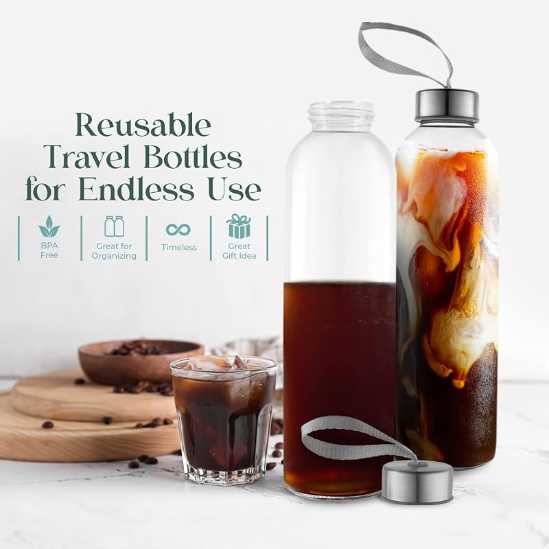 Glass Water Bottles 24oz Pack of 12 with Nylon Protective Sleeves & Airtight Screw Tops