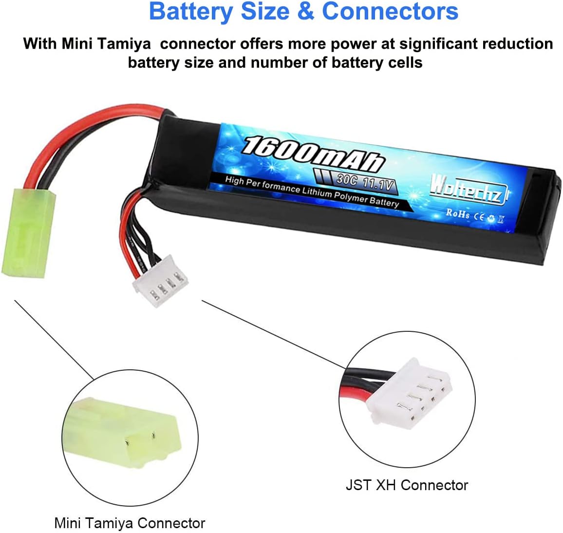2Packs 11.1V Airsoft Battery 1600mAh 30C Rechargeable Lipo Battery 2S-3S Balance Charger/Lipo Safe Bag with Mini Tamiya Connector for Airsoft Guns Rifle