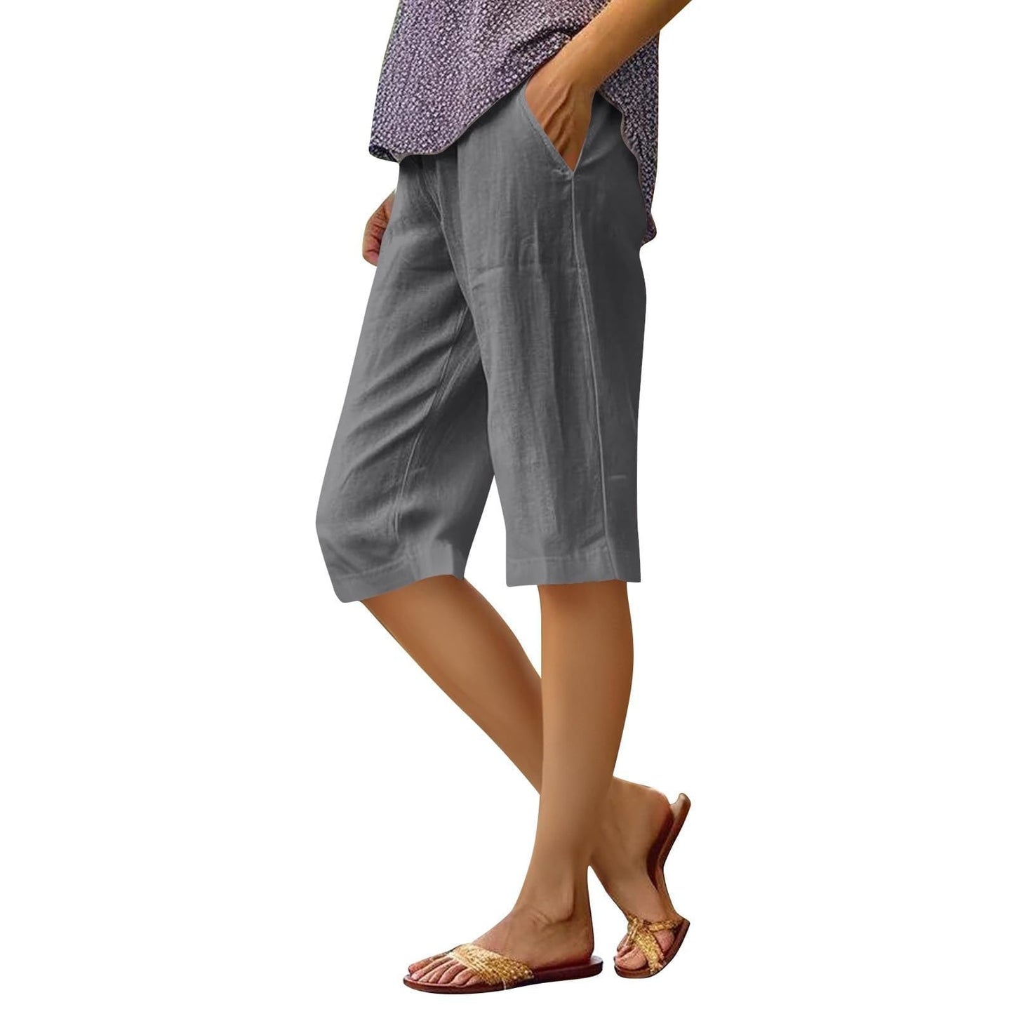 DMOYALA Knee Length Linen Shorts for Women Summer Trendy Elastic Waist Bermuda Shorts with Pockets Loose Beach Pants Dark Grey M