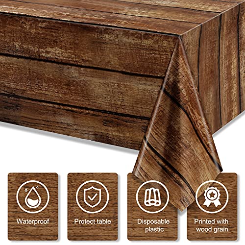 16 Pcs Brown Wood Grain Plastic Tablecloth - 54 x 108 Inches, Rectangular