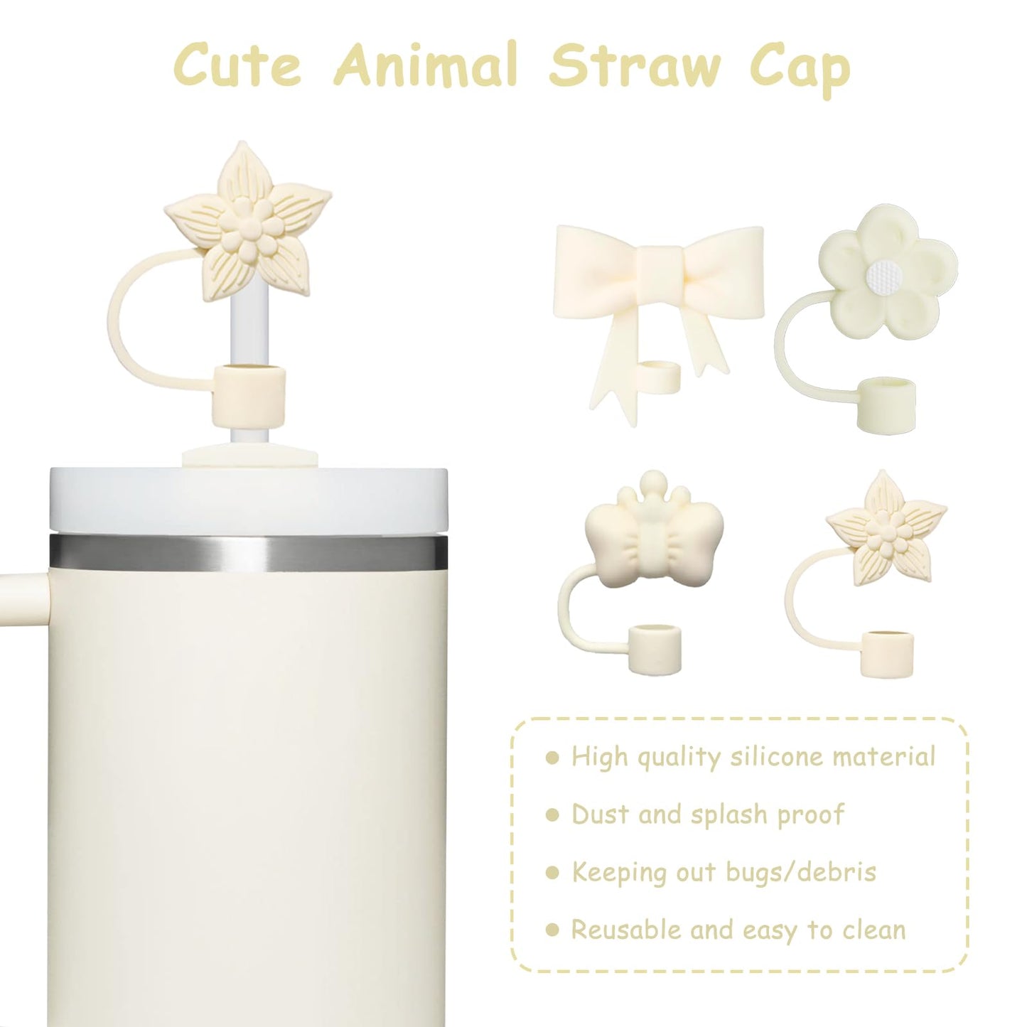 4 Pcs 0.4in Straw Cover for Stanley Cup, Silicone Straw Topper Set for 30&40oz Stanley Tumbler, Fit for 10mm/0.4in Straws (Cream)