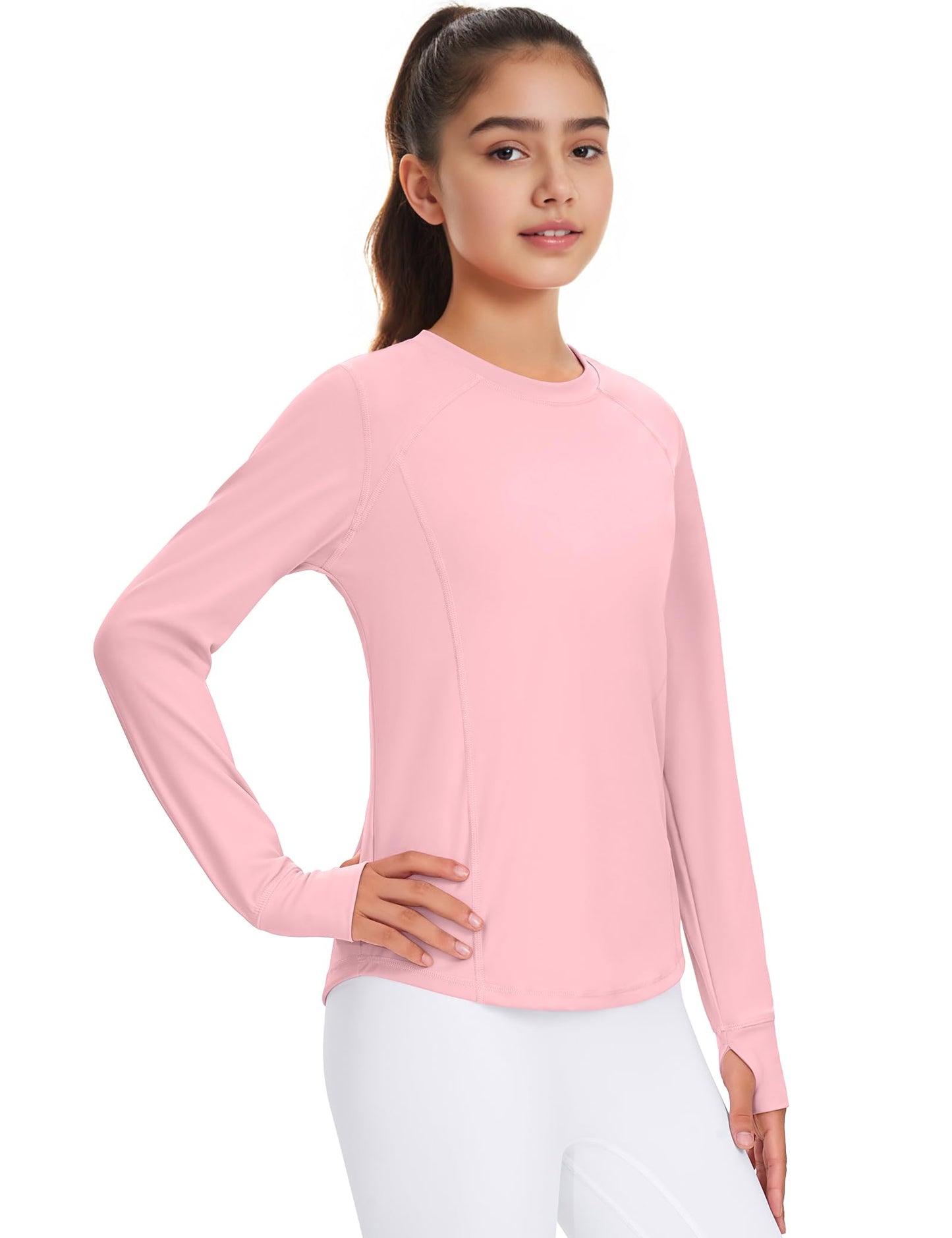 JOCMIC Girls Long Sleeve Shirts Athletic Shirt with Thumb Holes Kids Crew Neck Basic Tee Tops for Sports Gym Yoga Pink 9-10 Years