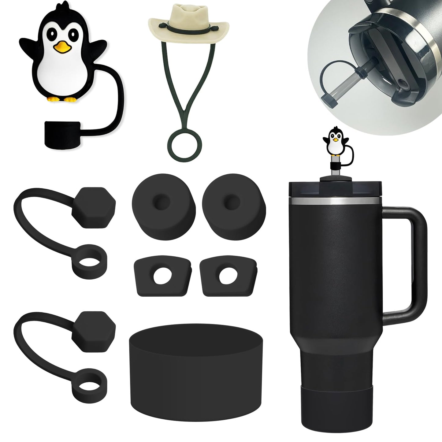 Stanley Cup Accessories Set: Silicone Spill Proof Stopper, Straw Cover Cap, Silicone Boot for 40oz & 30oz Tumbler (BLACK)