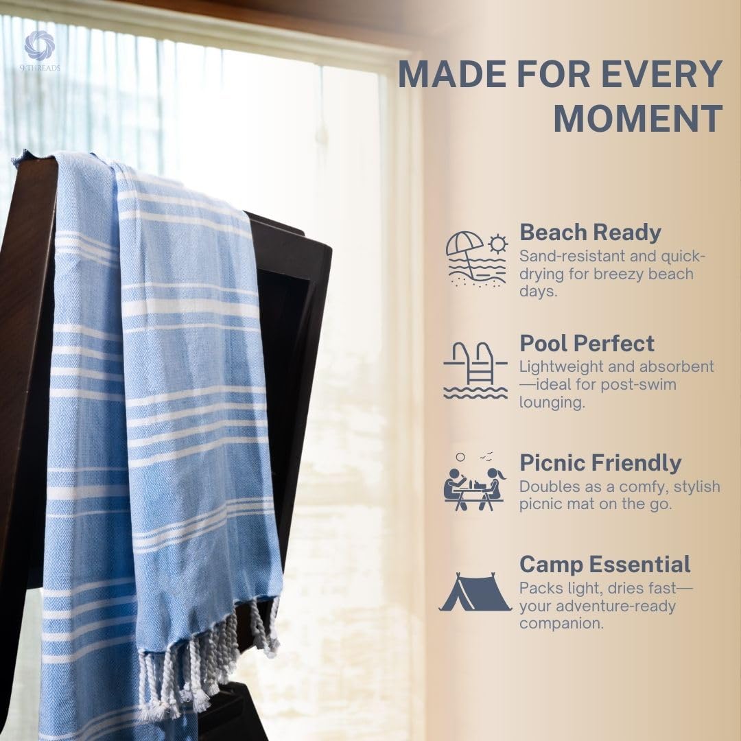 9Threads Cotton Turkish Beach Towel with Towels Oversized 36"x72" Pool Absorbent Extra Large Quick Dry Sand Travel Towel (Azure Bliss, 4 Pack)