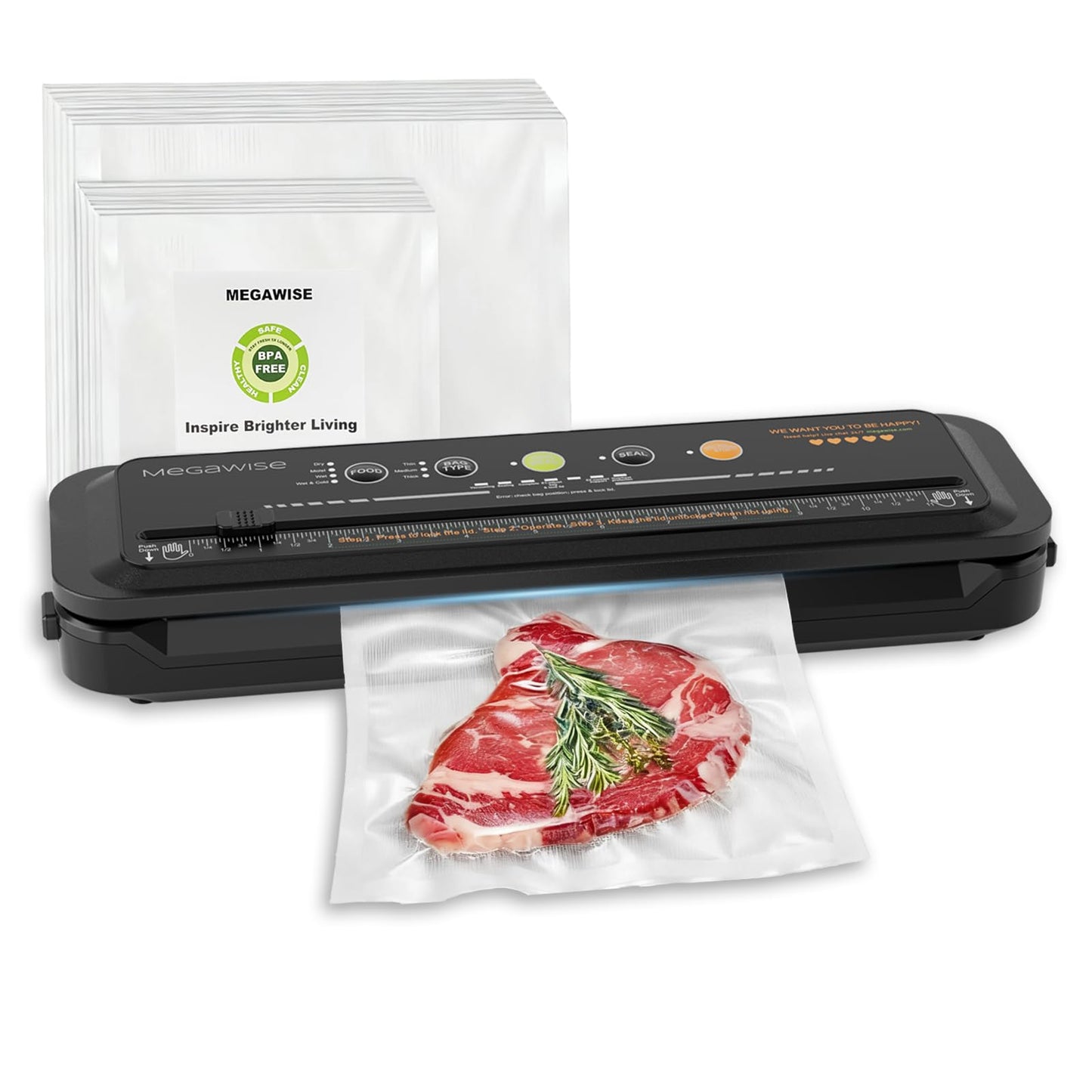 MEGAWISE Food Vacuum Sealer w/Starter Kit with Accessory Hose for Wide and Regular Mouth Sealer, Compact Design with 10 Vacuum Bags & Built-in Cutter