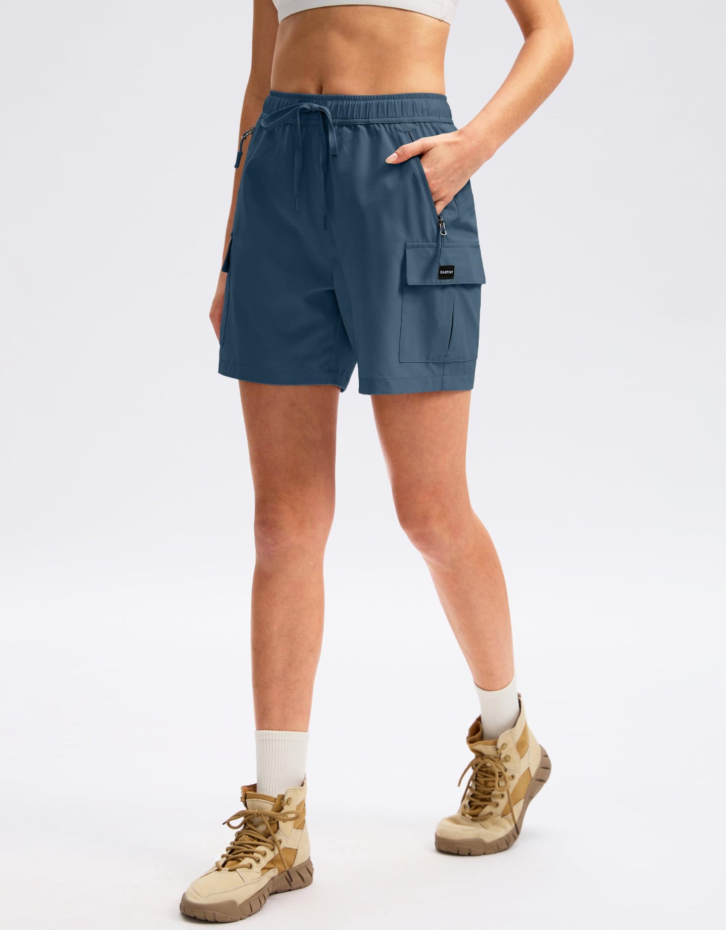 SANTINY Women's 5''/ 7'' Hiking Cargo Shorts Quick Dry Lightweight Summer Shorts for Women Athletic Golf Zipper Pockets(Dusty Blue_L)